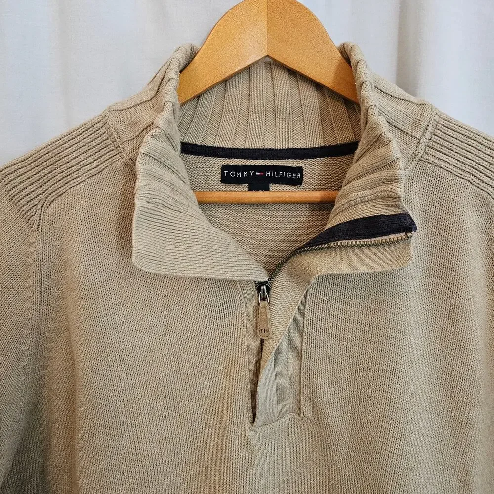 Vintage 2005 Tommy Hilfiger Men XL 1/4 Zip Heavy Cotton Sweater Beige